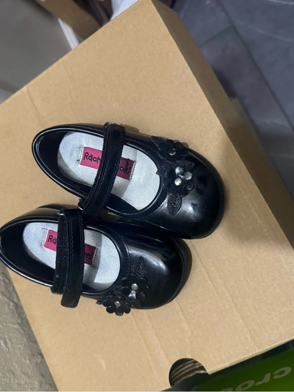 Rachel Shoes Black Patent Mary Janes with Flower Appliqués